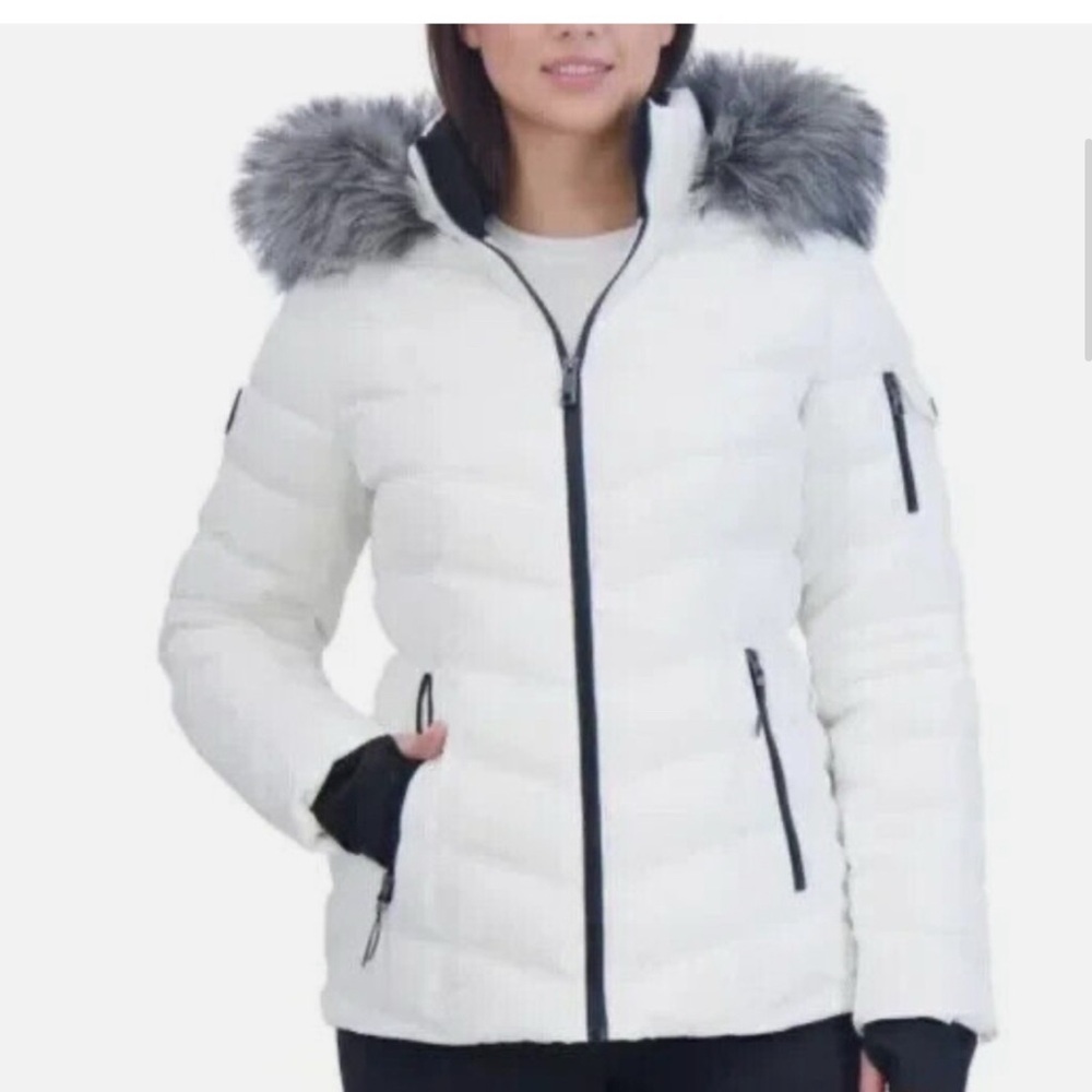 Nautica White Puffer Jacket with Faux Fur Hood